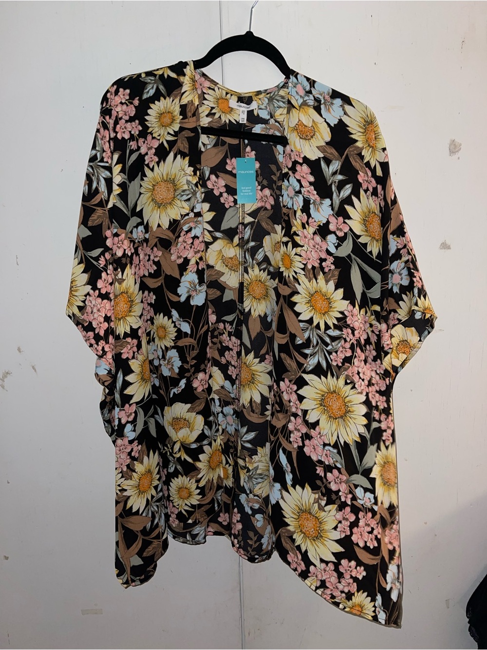 Maurices Black Floral Open-Front Kimono with Yellow and Pink Blooms